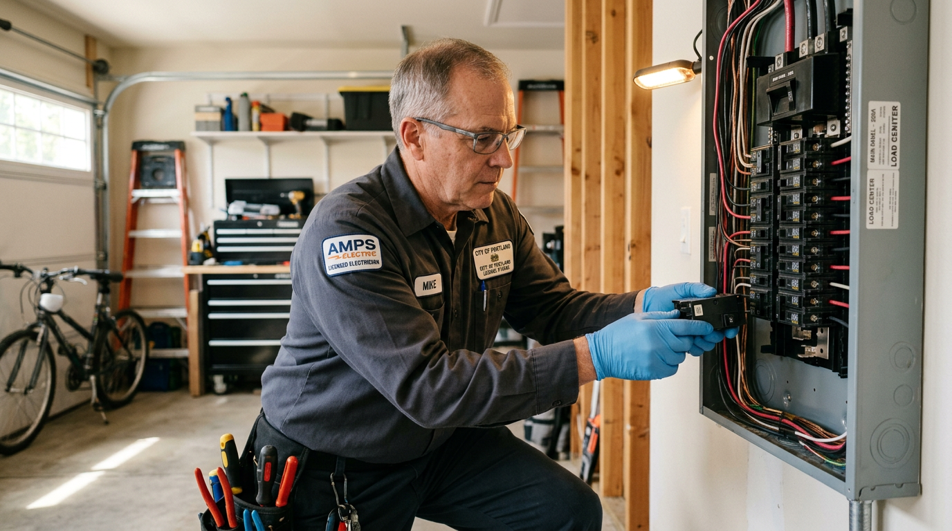 Electrician installing a modern residential electrical service panel with organized breakers and color-coded wiring.