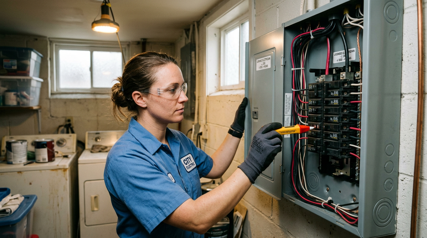 Licensed electrician inspecting the breakers inside an open residential electrical panel during an upgrade assessment